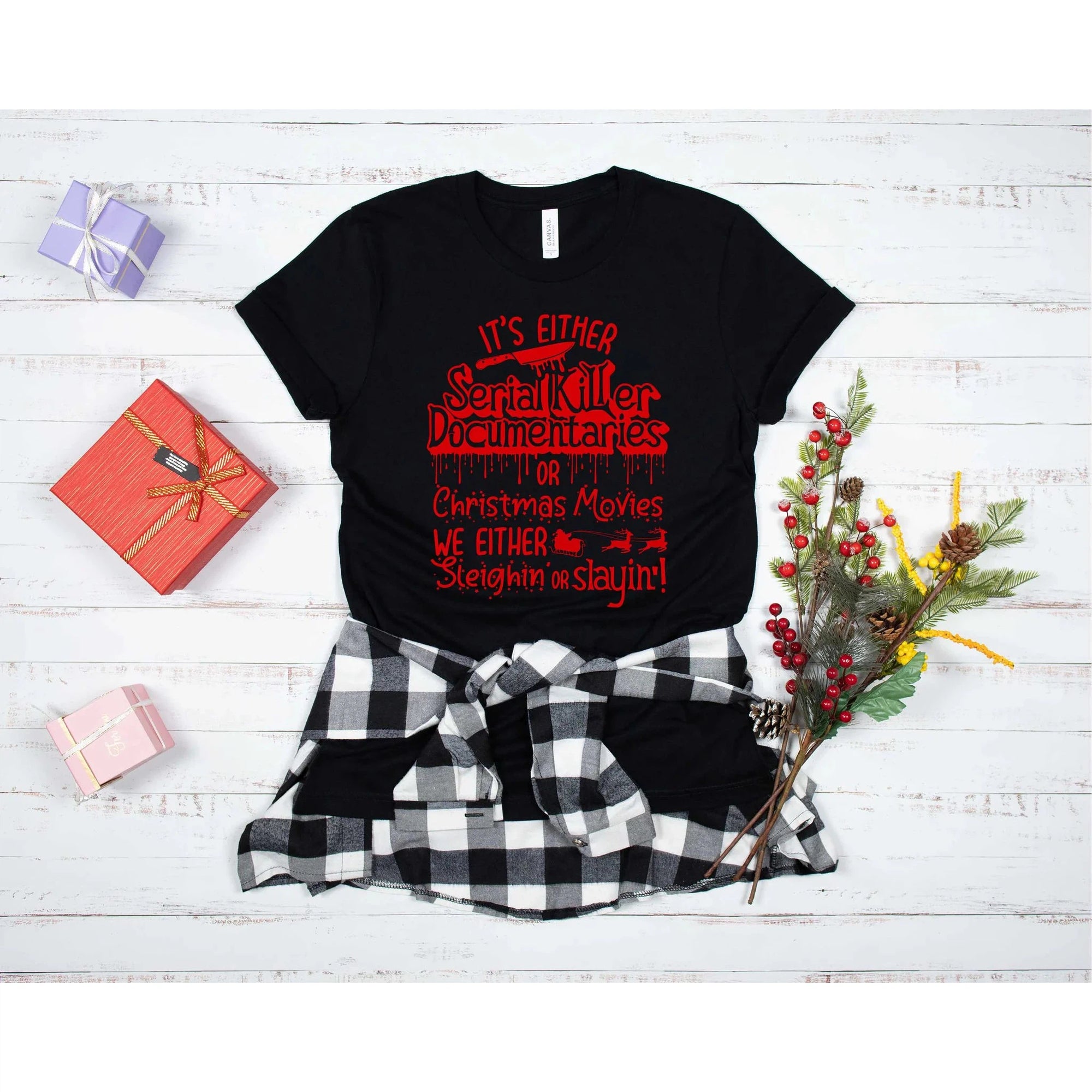 Serial Killer Documentaries or Christmas Movies Graphic Tee with color options